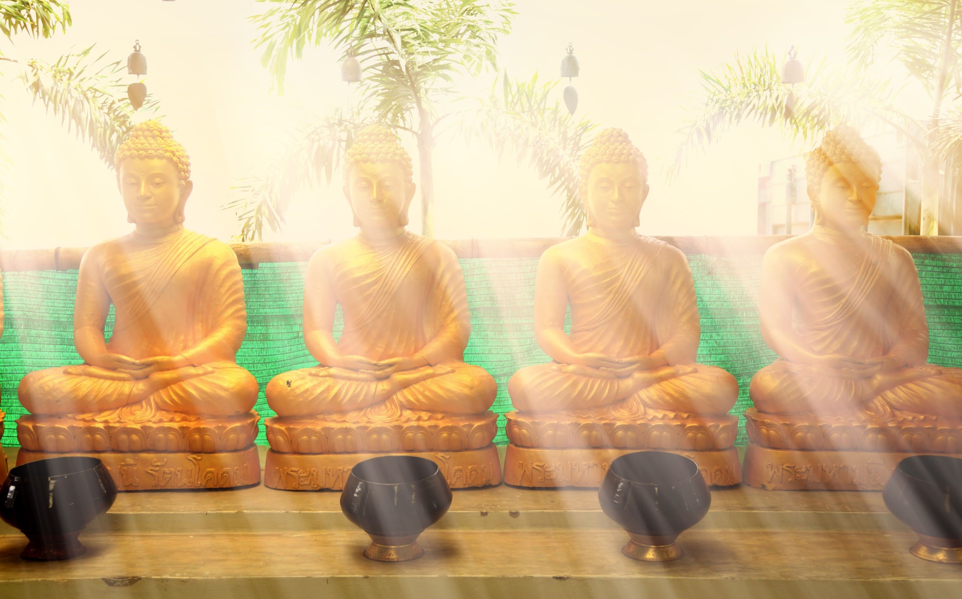 Group of Buddha statues and light beam in Buddhist Temple